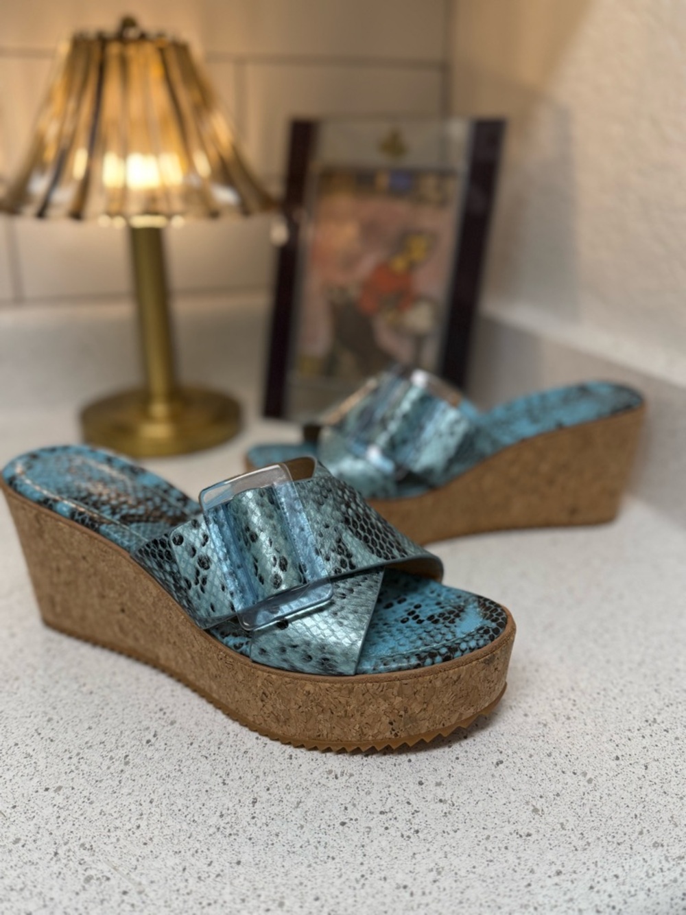 Donald J. Pliner Aqua Snake-Print Cork Wedge Slide with Clear Buckle